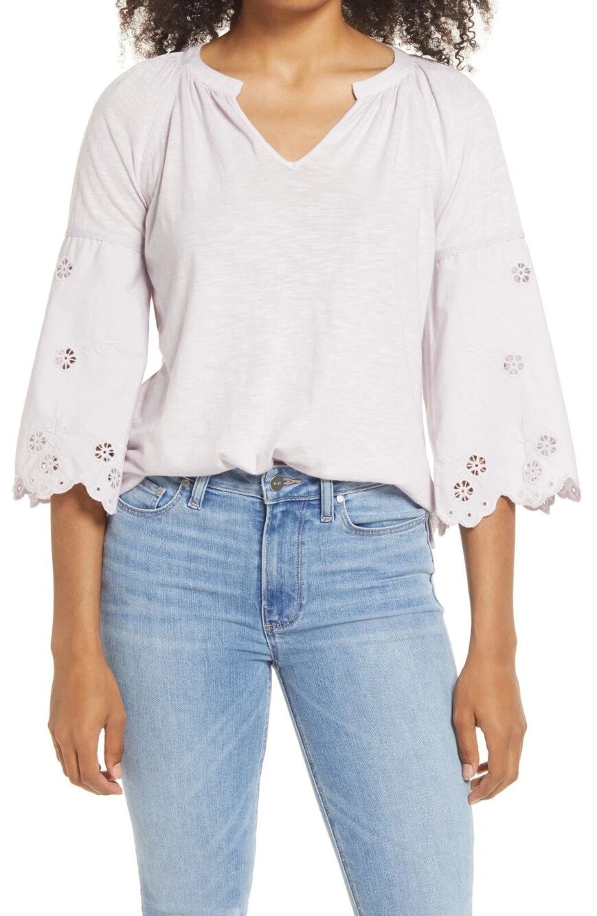 NWT Caslon Purple Moss Eyelet 3/4 Bell Sleeve Peasant Blouse Women's Size Medium